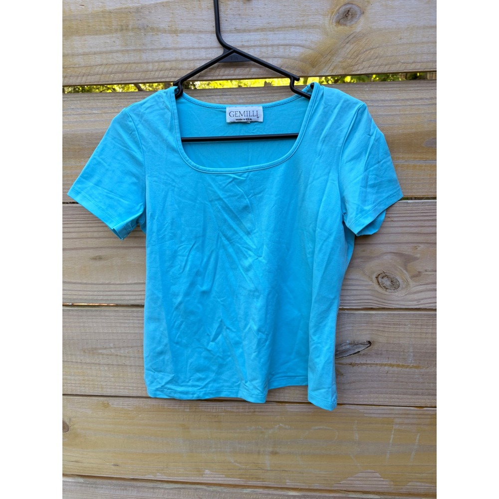 Gemilli Womens Turquoise Blue Scoop Neck Short Sleeve Stretch Top Size Medium
